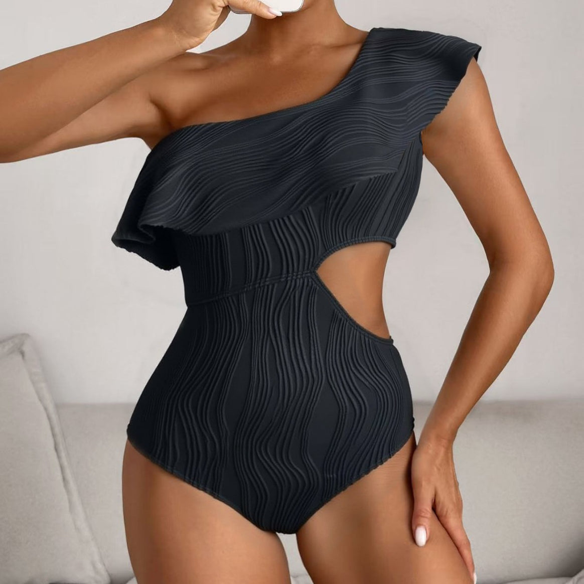 Women's One-Piece Swimsuit with Asymmetrical Cut and Curved Ruffle Details Mune Fashion