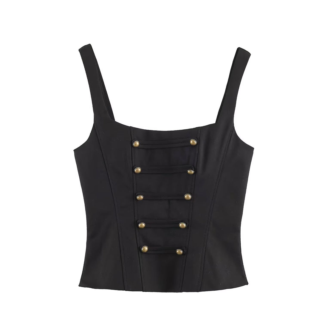 Women's Fitted Corset Top with Decorative Button Placket and Princess Seams Mune Fashion