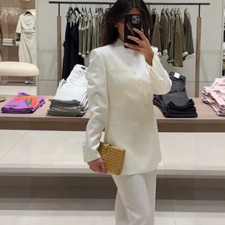 Women Longline Blazer with Stand Collar and Slim Silhouette Mune Fashion