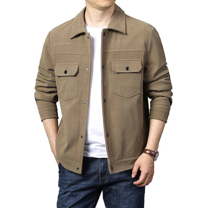 Men's Cord Worker Jacket in Trucker Style with Snap Button Closure and Flap Pockets Mune Fashion