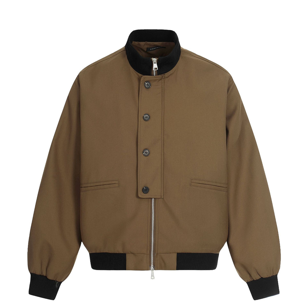 Unisex Short Boxy Bomber Jacket with Concealed Zip Front and High Ribbed Collar Mune Fashion