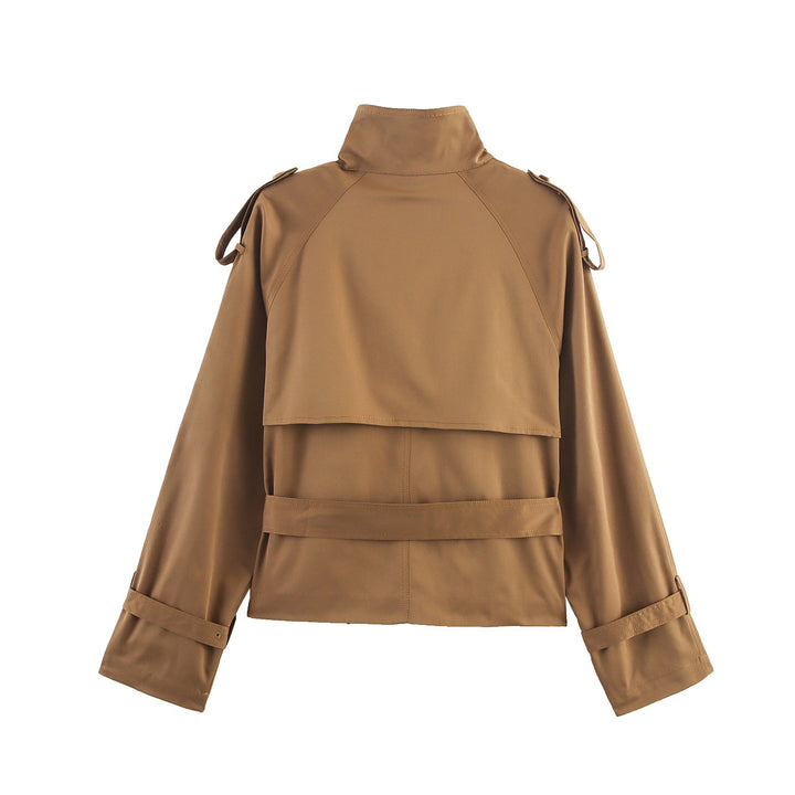Women's Short Double-Breasted Trench Blouson with High Stand Collar, Shoulder Tabs, and Waist Belt Mune Fashion