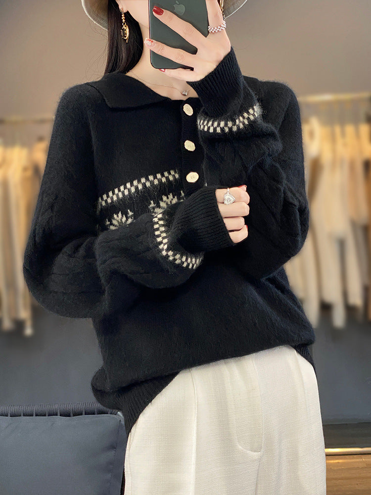 Women Oversize Polo Collar Knit Sweater with Norwegian Pattern and Raglan Sleeves Mune Fashion