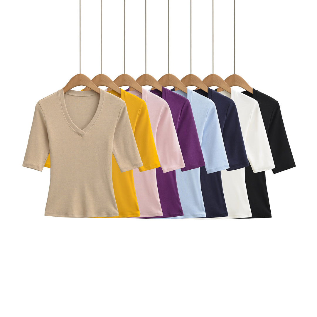 Women's Fitted V-Neck Three-Quarter Sleeve Fine Rib Top made of Stretch Jersey Mune Fashion