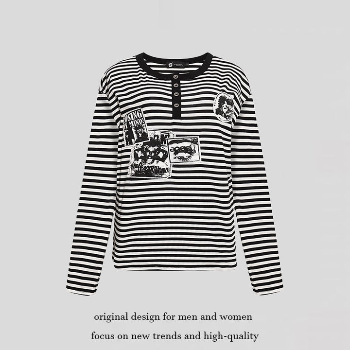 Women's Striped Long Sleeve Henley Shirt with Button Placket and Graphic Patches Mune Fashion