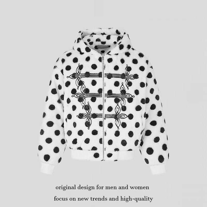 Women’s bomber-style hooded fleece jacket with polka dots and decorative frog button details Mune Fashion