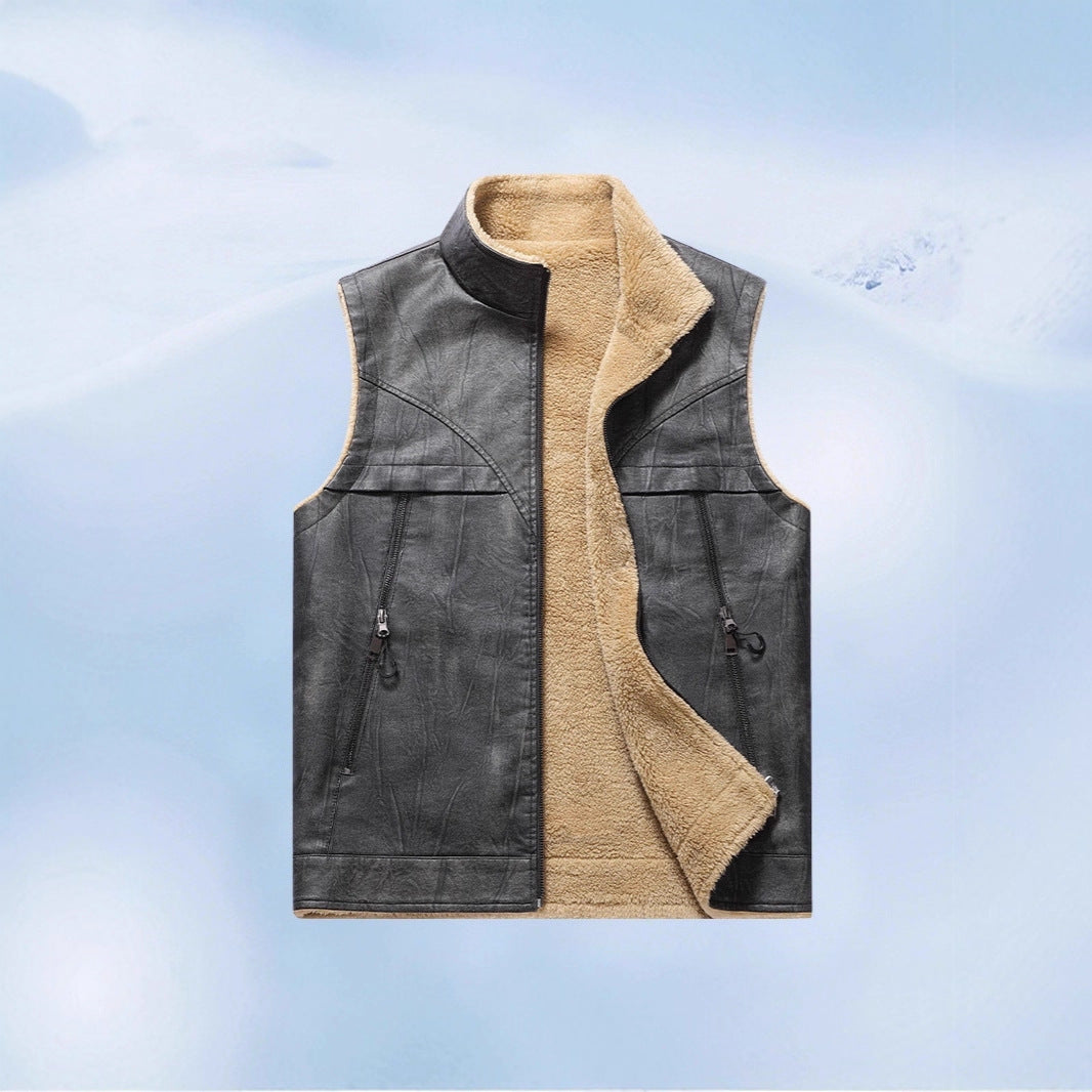Men's Sleeveless Faux Leather Teddy Vest with Stand Collar and Zipper Pockets Mune Fashion