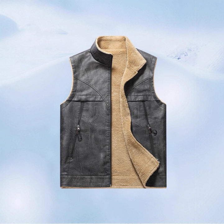 Men's Sleeveless Faux Leather Teddy Vest with Stand Collar and Zipper Pockets Mune Fashion