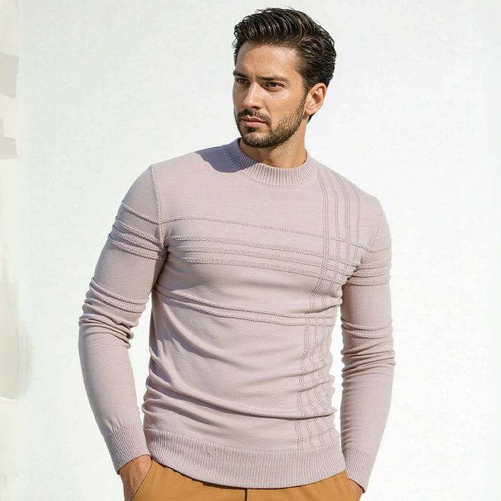 Men's Structured Fine Knit Pullover with Round Neck and Decorative Stripe Relief Seams Mune Fashion