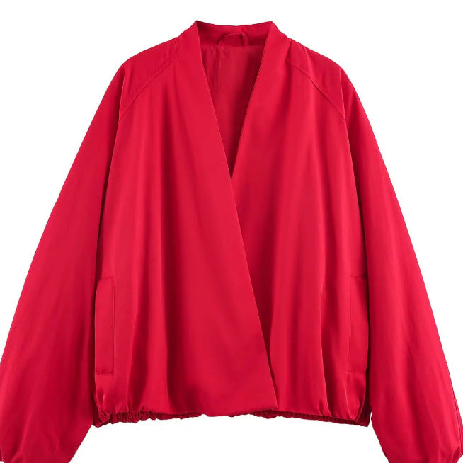 Women Short Blouson made of Artificial Leather with Double-Breasted Button Placket and Shoulder Cape Mune Fashion