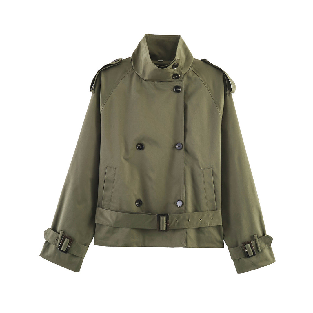 Women 20+ short double-breasted trench jacket in boxy cut with stand-up collar shoulder epaulets and adjustable waist belt Drune