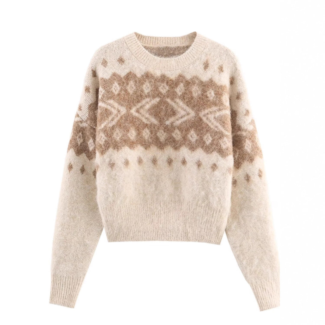Women's Fluffy Knitted Sweater with Norwegian Pattern and Boxy Fit Mune Fashion