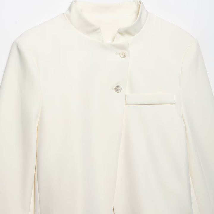 Women Short Tailored Blazer with Stand-Up Collar and Asymmetrical Button Placket Mune Fashion