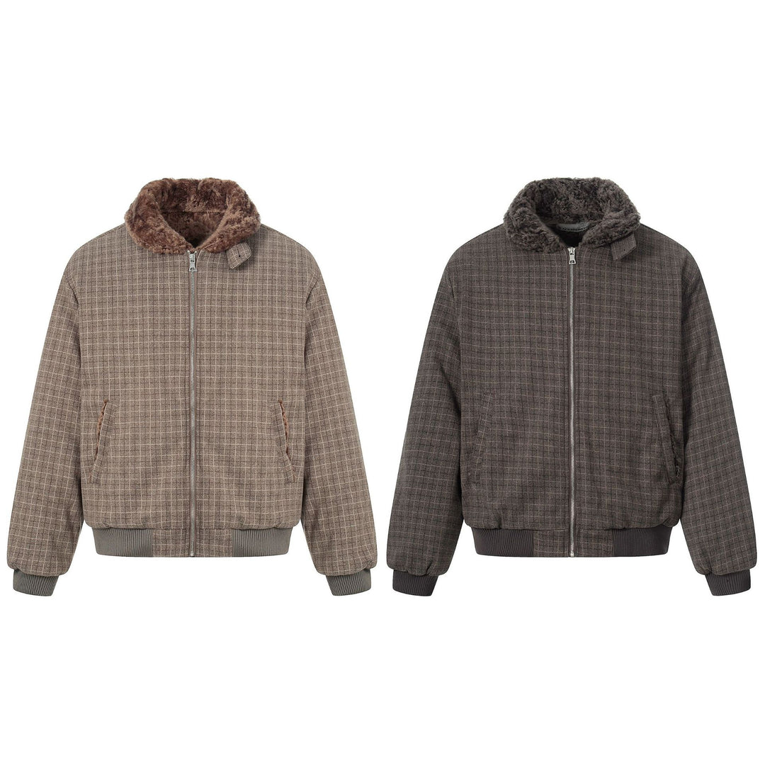 Men's Short Boxy Blouson in Wool Blend with Teddy Collar and Check Quilting Mune Fashion