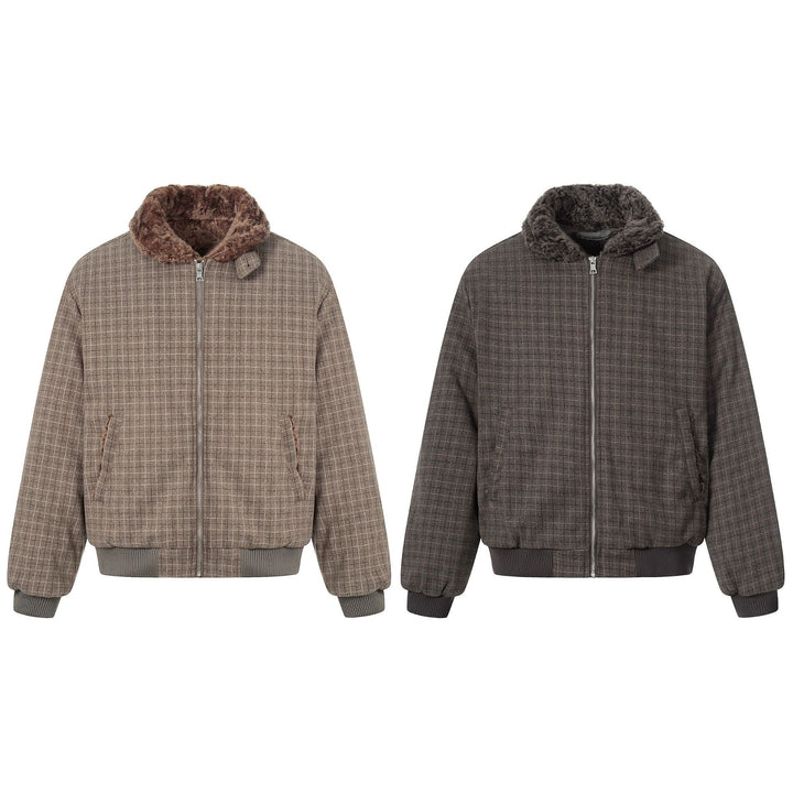 Men's Short Boxy Blouson in Wool Blend with Teddy Collar and Check Quilting Mune Fashion