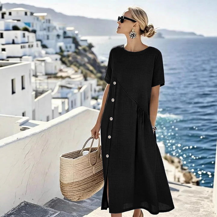Women's Airy Summer Dress with Side Button Placket, Short Sleeves and Slit Mune Fashion