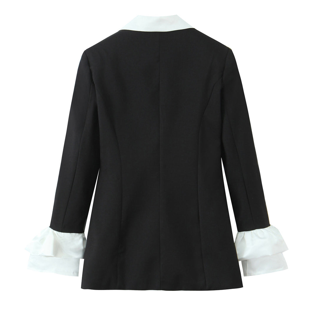 Women's statement blazer with contrasting shawl collar and ruffle cuffs Mune Fashion