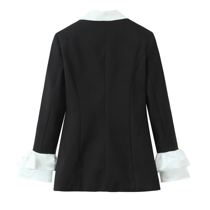 Women's statement blazer with contrasting shawl collar and ruffle cuffs Mune Fashion
