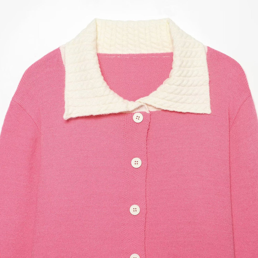 Women’s fine-knit cardigan with large textured collar and contrast cuffs Mune Fashion