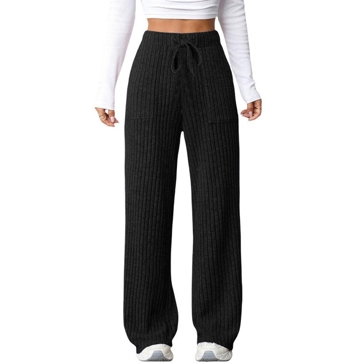 Ladies Wide Ribbed Lounge Pants with Drawstring and Patch Pockets Mune Fashion