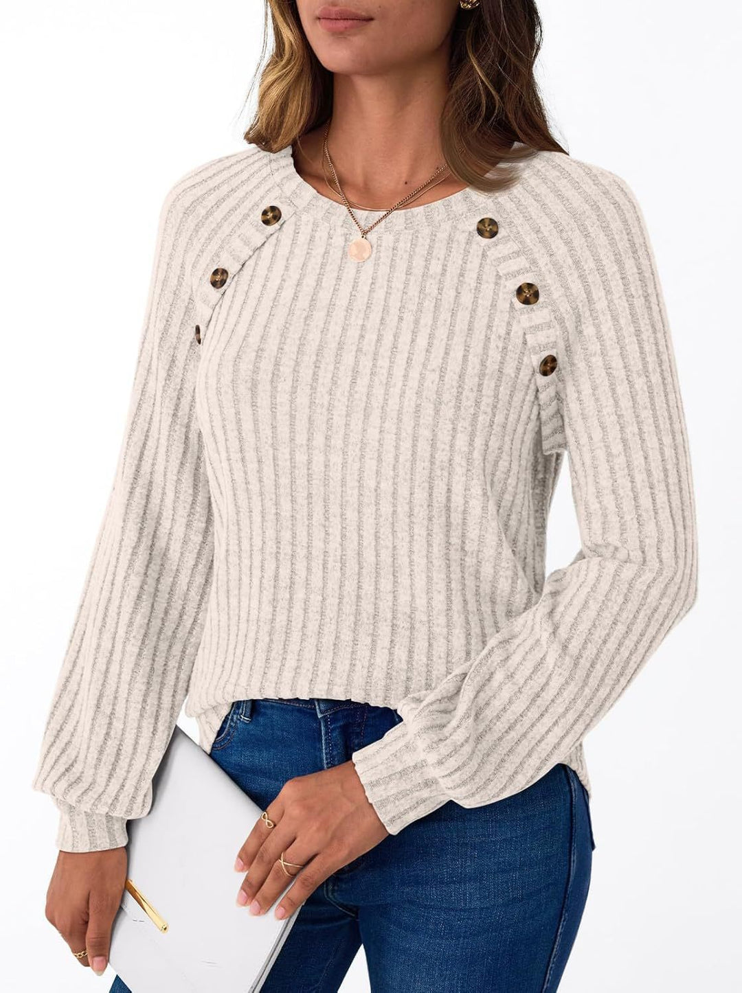 Women's Ribbed Knit Sweater with Decorative Button Placket on Raglan Sleeves Mune Fashion