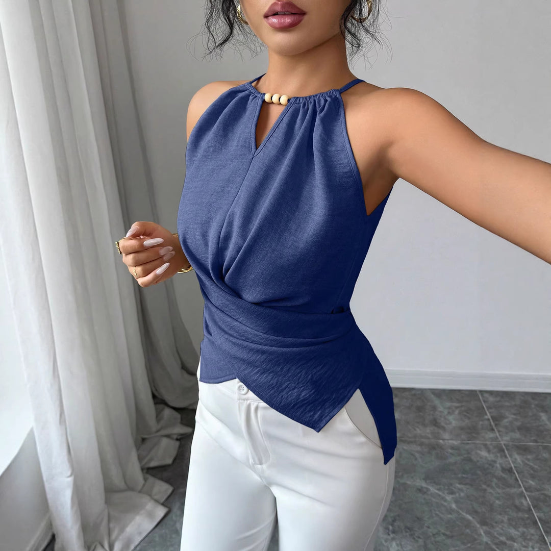 Women Sleeveless Twist Neck Tops with Wooden Beads and Asymmetric Hem Mune Fashion