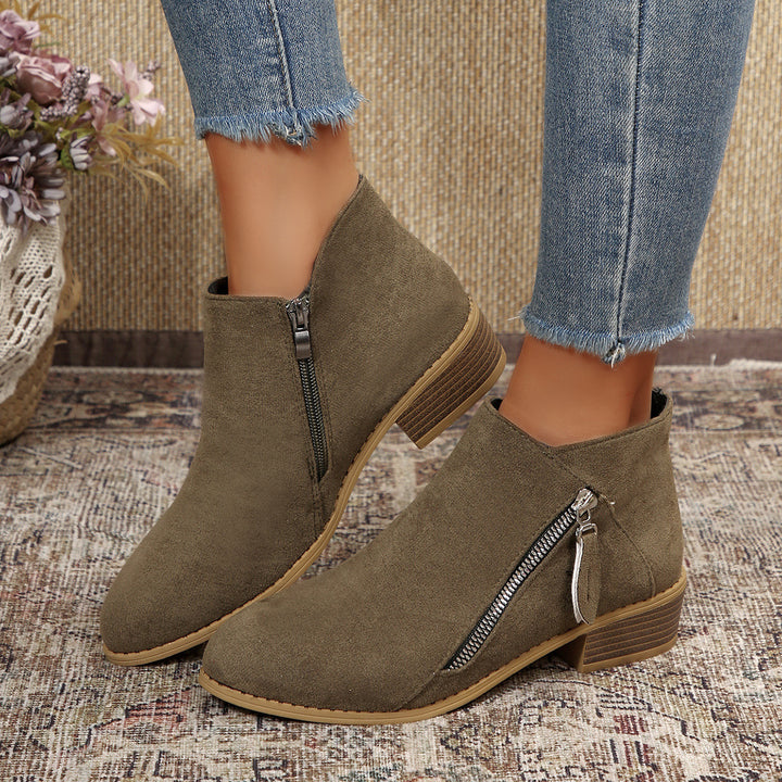 Women's Modern Ankle Boot with Visible Metal Zipper and Low Wood-Look Block Heel Mune Fashion