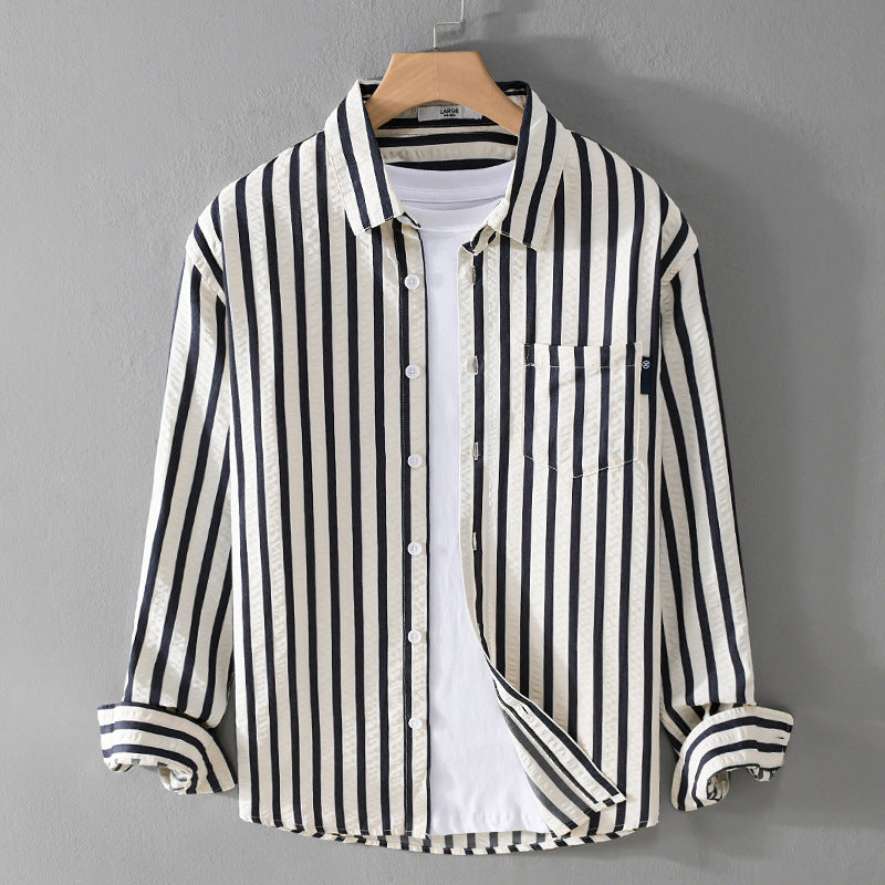 Men's Loose Shirt in Vertical Stripe Pattern made of Lightweight Cotton Blend with Kent Collar and Chest Pocket Mune Fashion