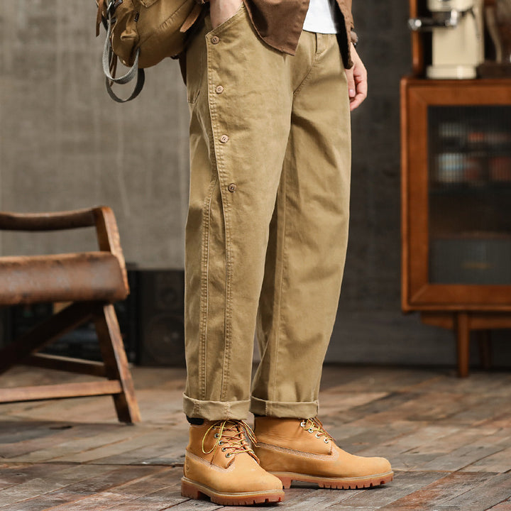 Men's casual tapered pants with side button placket and cuffs Mune Fashion