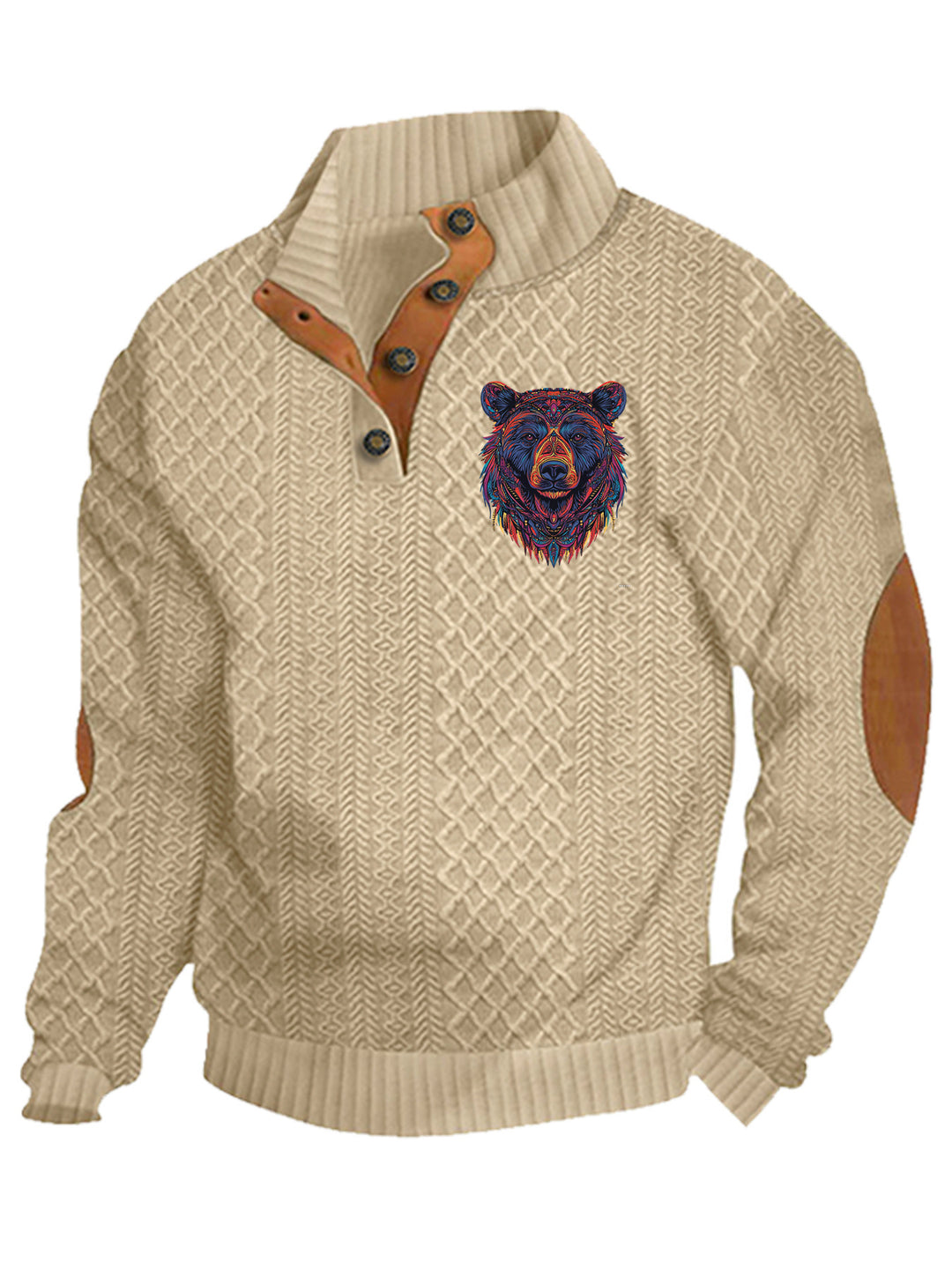 Men's nan Heritage textured pullover with stand-up collar faux leather trim elbow patches and half-button placket Mune Fashion