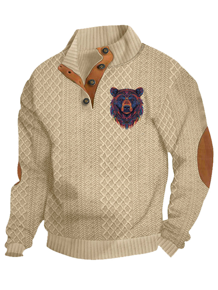 Men's nan Heritage textured pullover with stand-up collar faux leather trim elbow patches and half-button placket Mune Fashion