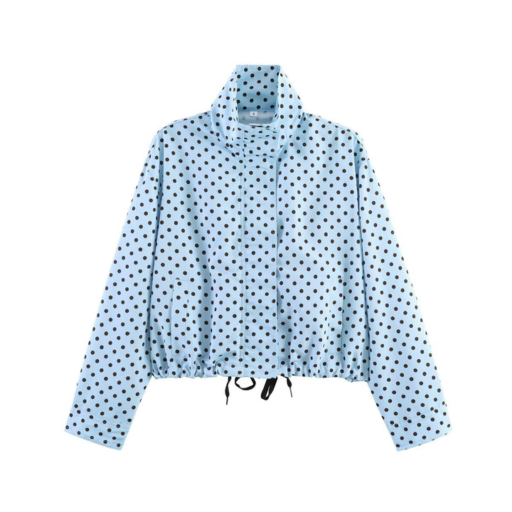 Women's Dotted Short Jacket with Stand-up Collar, Concealed Front Placket and Drawstring Mune Fashion