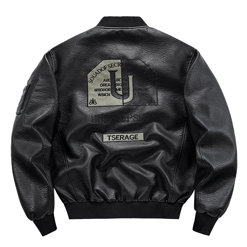 Men's Fashion Faux Leather Bomber Jacket with Pockets Mune Fashion