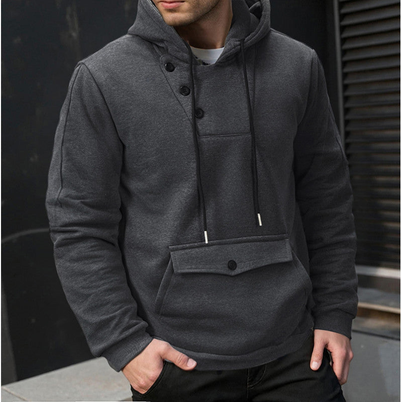 Men's Oversized Cotton Fleece Hoodie with Asymmetric Button Placket and Patch Kangaroo Pocket Mune Fashion