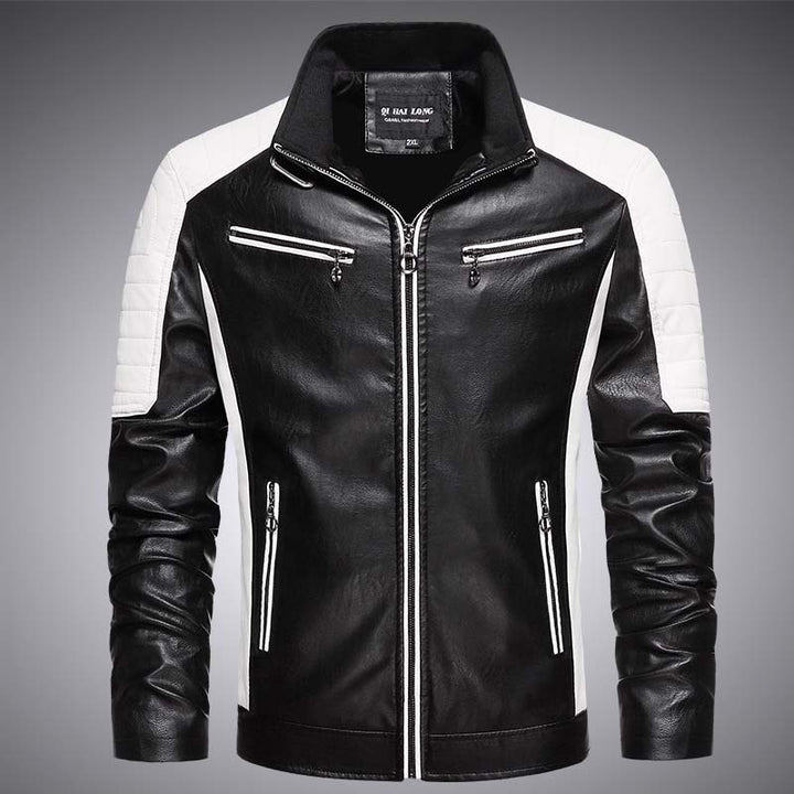 Men's biker faux leather jacket in racing style with stand-up collar and zippered pockets Mune Fashion