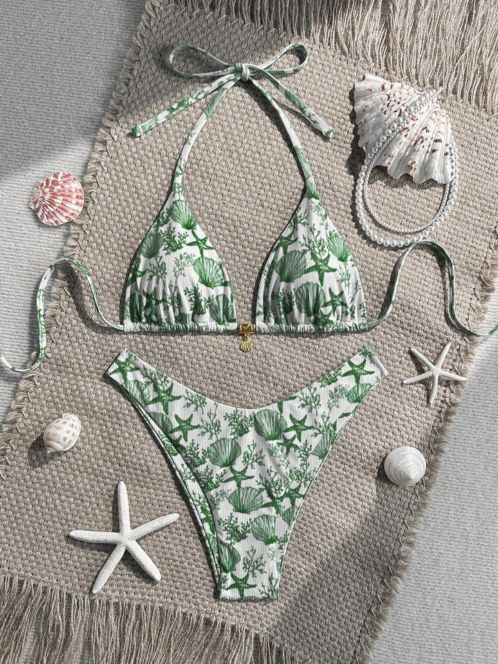 Women Triangle Bikini with Maritime Coral Pattern Mune Fashion