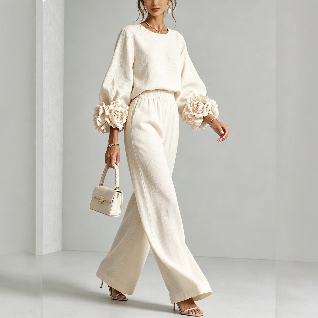 Women's Two-Piece Linen Blend Set with Wide Leg, Elastic Waistband and Floral Sleeves Mune Fashion