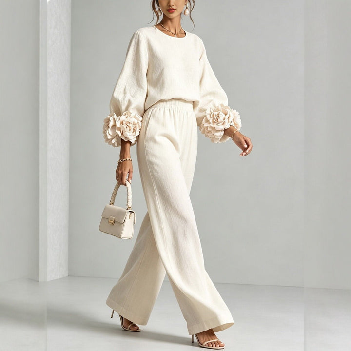 Women's Two-Piece Linen Blend Set with Wide Leg, Elastic Waistband and Floral Sleeves Mune Fashion