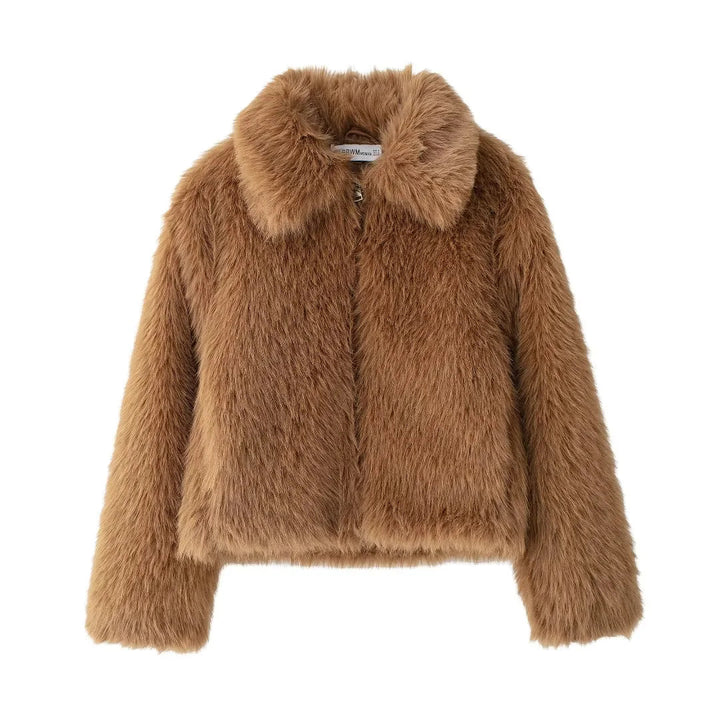 Women's short cozy faux fur jacket with shirt collar and concealed zipper placket Mune Fashion