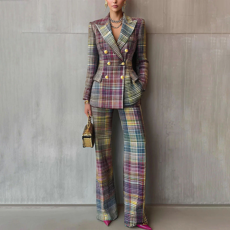 Women’s check suit in two-piece with tailored double-breasted and wide leg Mune Fashion