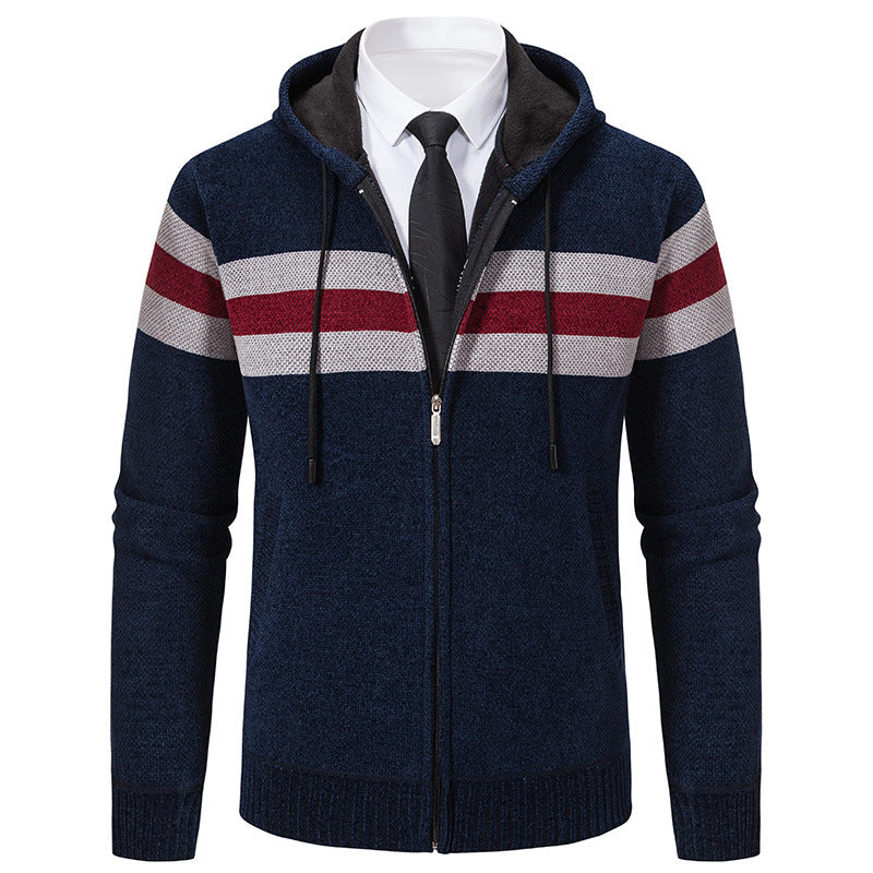 Men's Knitted Hooded Cardigan with Contrast Stripes and Zipper Mune Fashion
