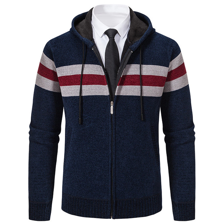 Men's Knitted Hooded Cardigan with Contrast Stripes and Zipper Mune Fashion