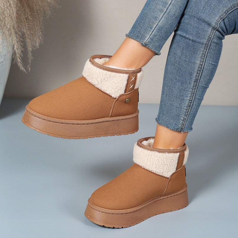 Women Insulated Platform Ankle Boot with Teddy Collar and Slip-On Shaft Mune Fashion