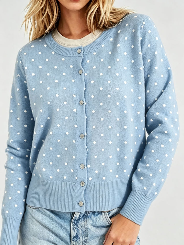 Women's Dotted Fine Knit Cardigan with Round Neck and Ribbed Cuffs Mune Fashion