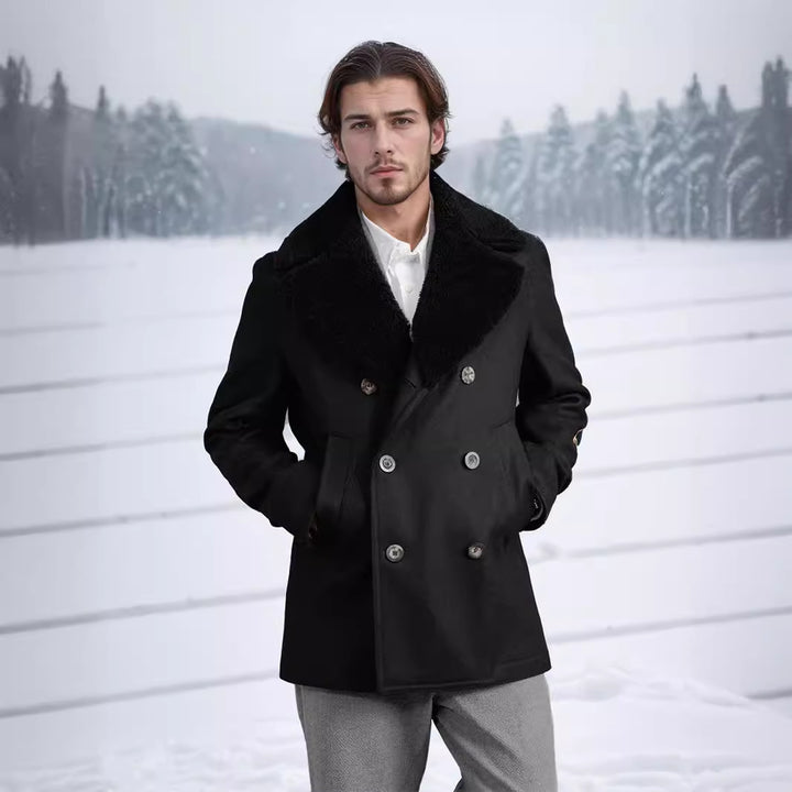Men's short coat in pea coat style made of wool blend with voluminous teddy collar and side pockets Mune Fashion