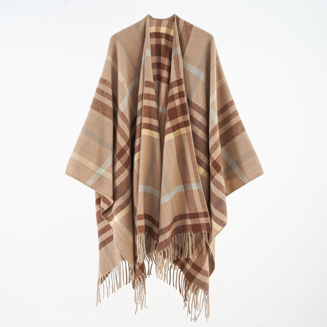Women's multifunctional plaid poncho with cashmere touch and fringe hem Mune Fashion