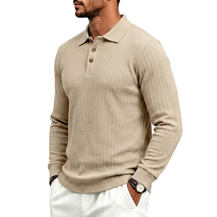 Men's Structured Long Sleeve Polo in Fine Knit with Cable Pattern and Button Placket Mune Fashion