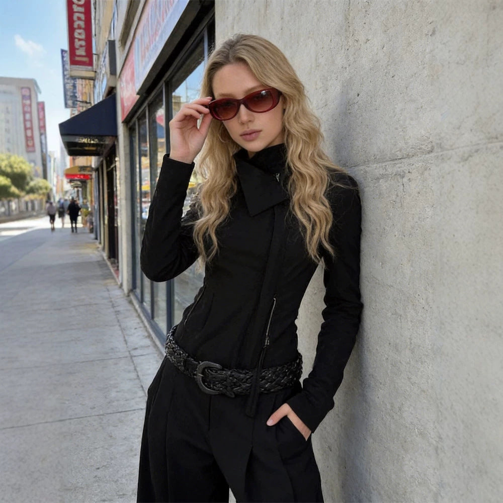 Women Fitted Zip Jacket with Asymmetrical Collar and Figure-Shaping Silhouette Mune Fashion
