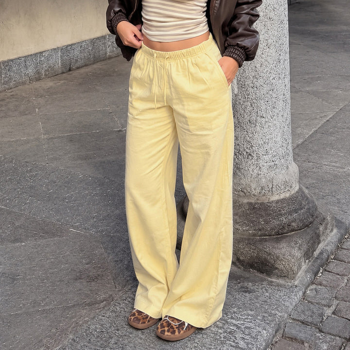 Women's Linen Lounge Pants with Wide Leg, Drawstring and Side Pockets Mune Fashion