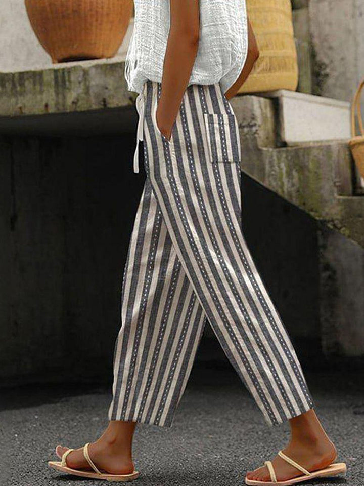 Women's Wide Linen Pants with Striped Pattern Mune Fashion